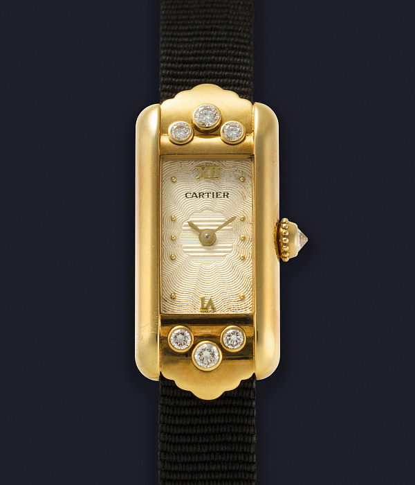 Tank Allongee Two point Roman Guilloche Dial with Six point Diamonds