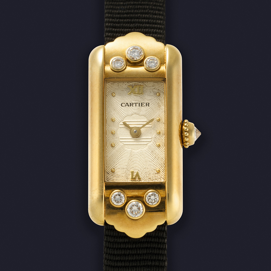 Tank Allongee Two point Roman Guilloche Dial with Six point Diamonds