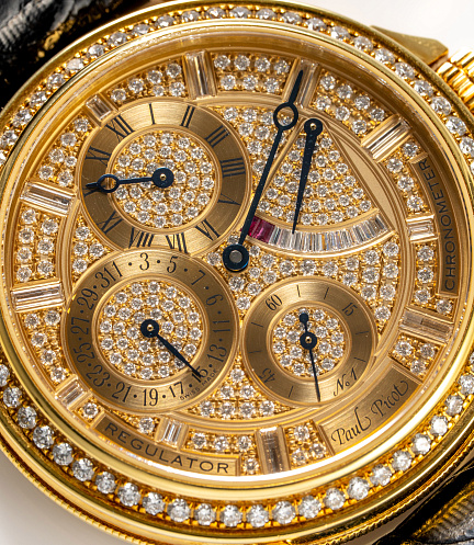 Atelier Regulator in Yellow Gold with Pave Diamond and Ruby Dial