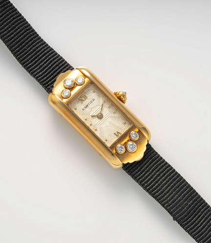 Tank Allongee Two point Roman Guilloche Dial with Six point Diamonds